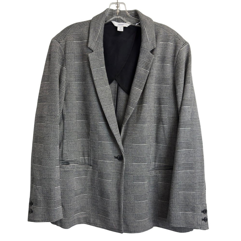 Old Navy Womens XL Glen Plaid Blazer Black White Single Button Stretch Jacket